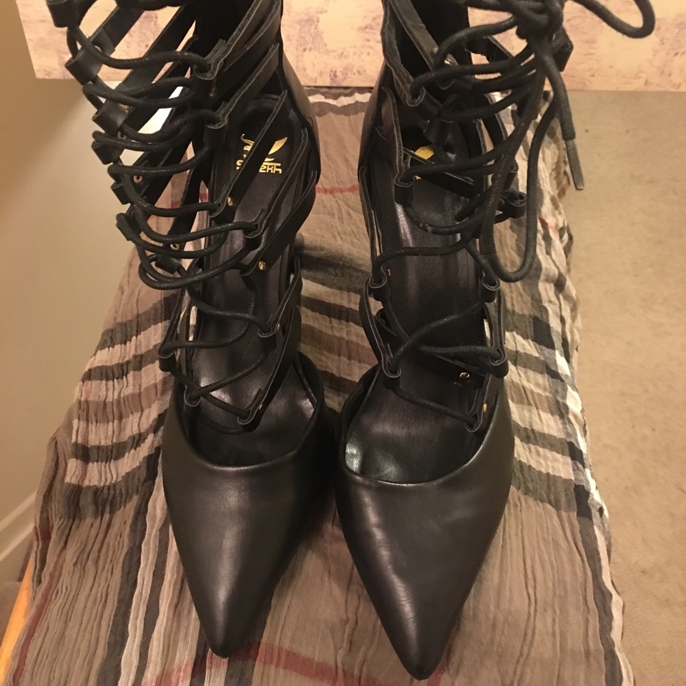 Lace up faux leather heels